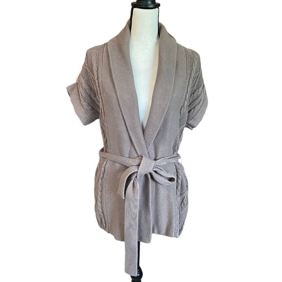 J .Crew Factory Womens Size M Sweater taupe brown open front short sleeve Belt - Picture 1 of 10